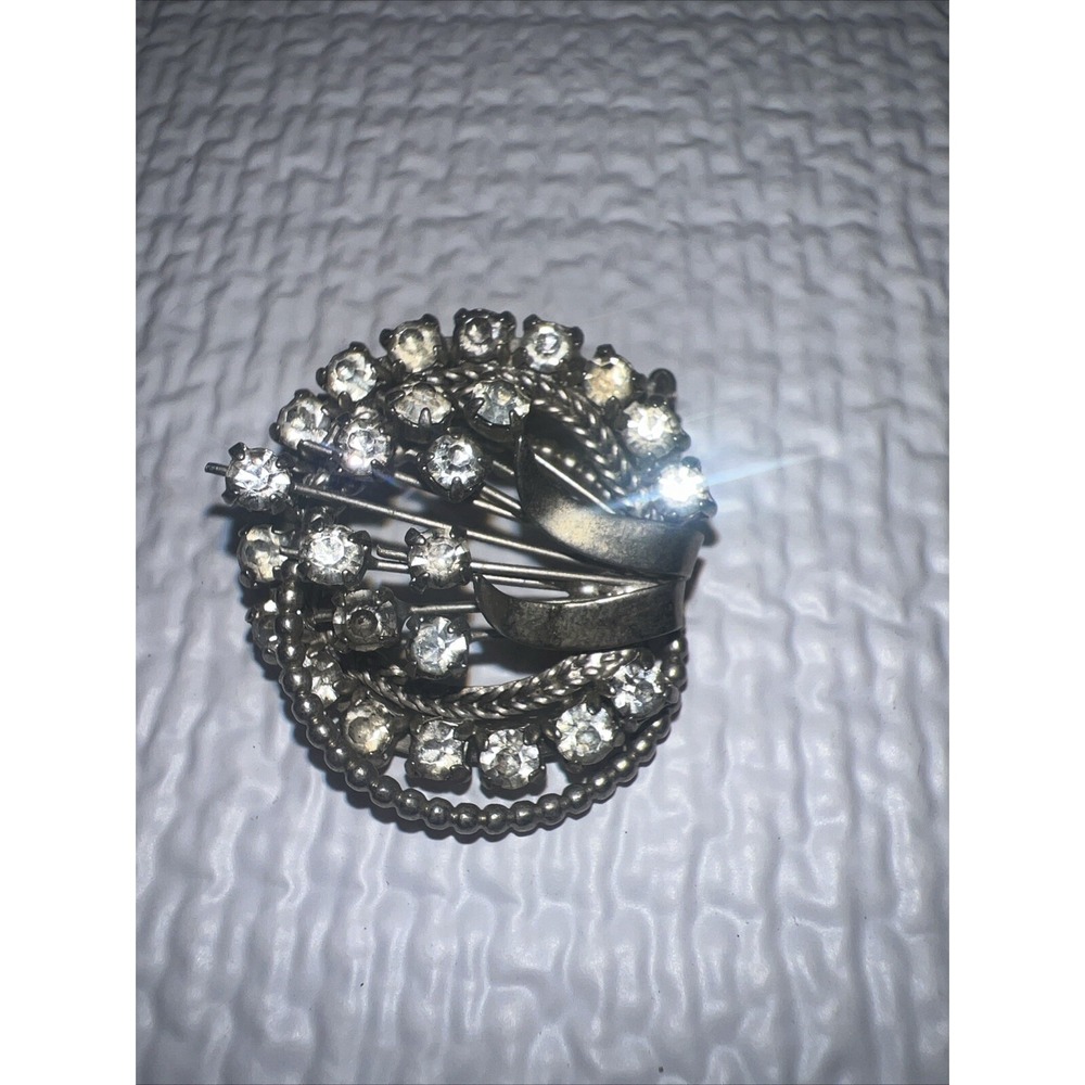 Vintage Made in Austria Silver Tone Clear Rhinestone Floral Brooch Pin